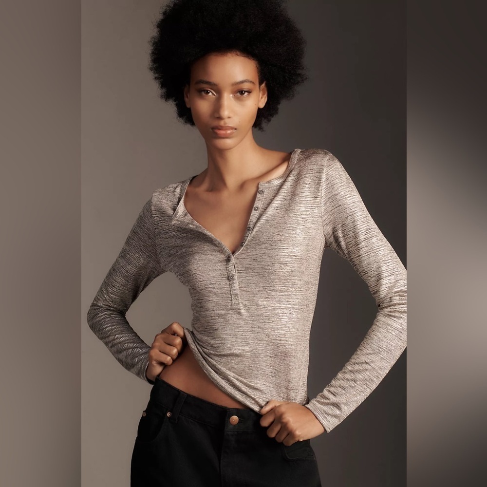 Andie Ribbed Henley Top by Pilcro: Shine Edition Small